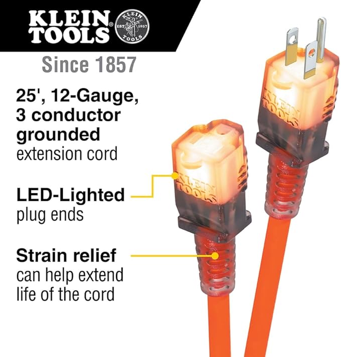Klein Tools EXC2515 12/3 SJEOW 25-Foot Extension Cord, LED Ends, Daytime Visibility, Flexible in Cold Weather, 99.9% Copper Wire, 15A, Indoor/Outdoor