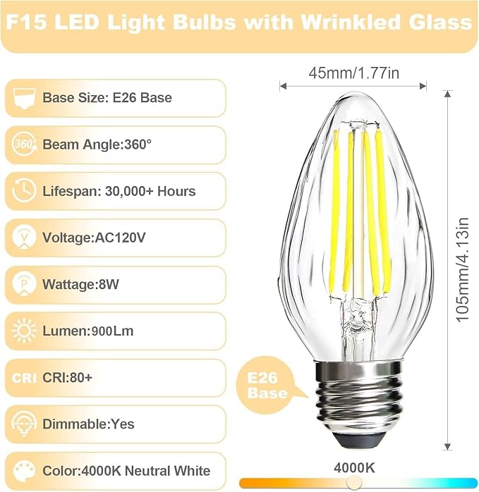 BRIMAX F15 8W LED Light Bulbs,Neutral White 4000K,80W Incandescent Equivalent,Dimmable,E26 Medium Base,Flame Wrinkle Glass,4 Pack