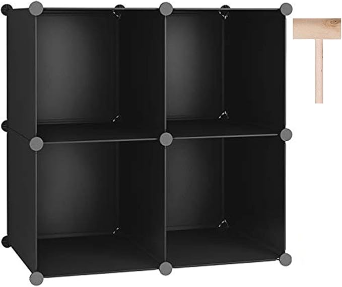 C&AHOME Cube Storage Organizer, 4-Cube Shelves Units, Closet Cabinet, DIY Plastic Modular Book Shelf, Ideal for Bedroom, Living Room, Office, 24.8" L x 12.4" W x 24.8" H Black SHS04A
