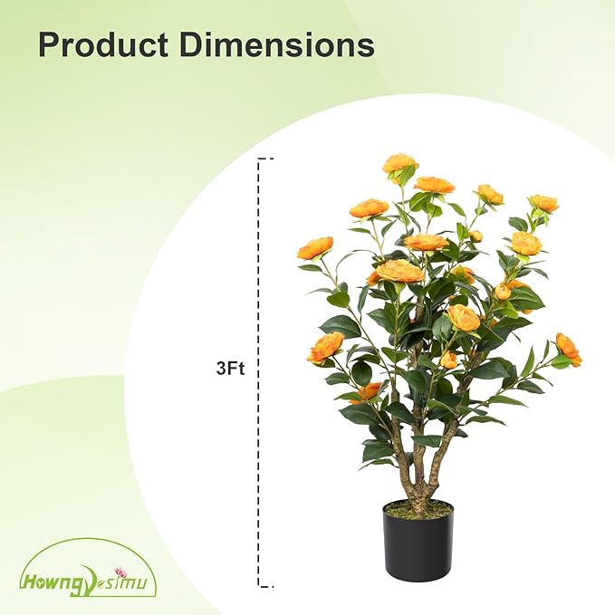 Artificial Camellia Tree, 3FT Faux Camellia Plant in Pot with Orange Flowers for Spring Home Front Door Outdoor Indoor Decoration