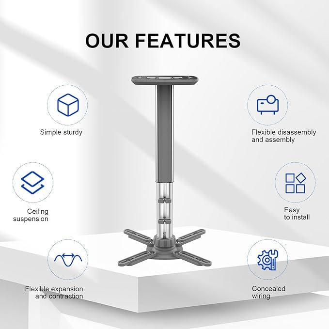 Jomard Projector Ceiling Mount, Heavy Duty Aluminum, Adjustable Height 10.05"-16.94", 360° Swivel 15° Tilt, Holds 15 Lbs, Gray