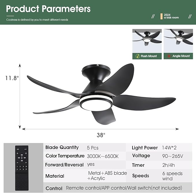 Ceiling Fans with Lights Remote/APP Control, 38" Low Profile Ceiling Fans with Dimmable White Colors+ RGB Ring Lights, 6 Speeds 5 Reversible Blades for Kids Room Bedroom Living Room, Black