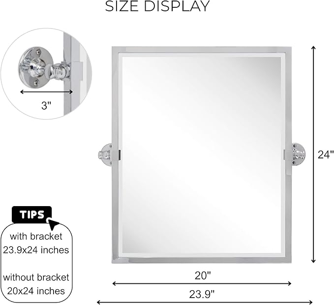 Polished Silver Metal Framed Pivot Rectangle Bathroom Mirror Tilting Beveled Vanity Mirrors for Wall, Overall 23.9 x 24 inches (Mirrror 20 x 24 inches)