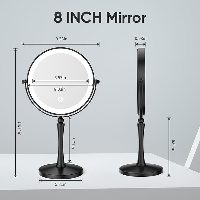 Nicesail 8” Desk Mirror with Light Dimmable 3 Colors Lighting, Magnifying Mirror with Lights and 1X/7X Magnification Makeup Vanity Mirror with Lights, Makeup Mirror for Home Hotel Desktop, Black 7X