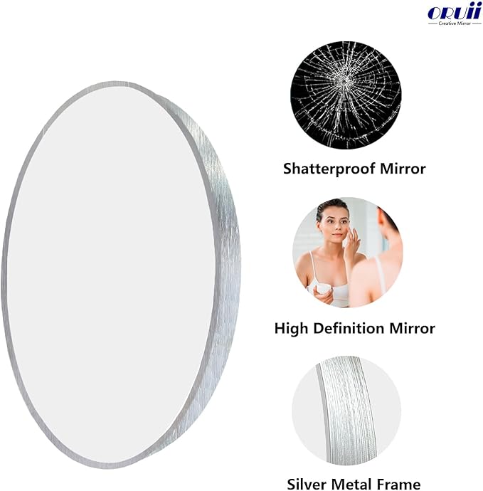 Silver Round Mirror, Silver Round Mirror 24 inch, Circle Bathroom Mirrors Metal Frame, Circle Mirrors for Wall, Over Sink, Bathroom, Living Room, Vanity.