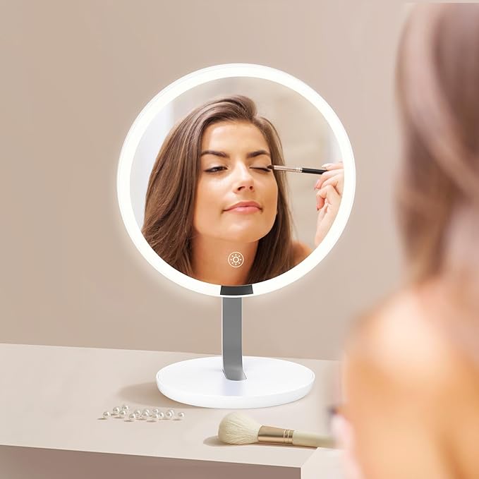 9.65-inch Lighting Makeup Mirror, 1x / 10x,Touch Control,3-Color Adjustable,Metal Stand,up and Down Adjustable Makeup Mirror, High Color Rendering, Eye-Protecting Light Source,Silver