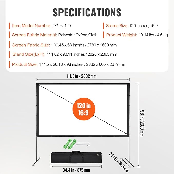 VEVOR Projector Screen with Stand, 120 inch 16:9 4K 1080 HD Outdoor Movie Screen with Stand, Wrinkle-Free Projection Screen with Bar Feet and Carry Bag, for Home Theater Cinema Backyard Movie Night