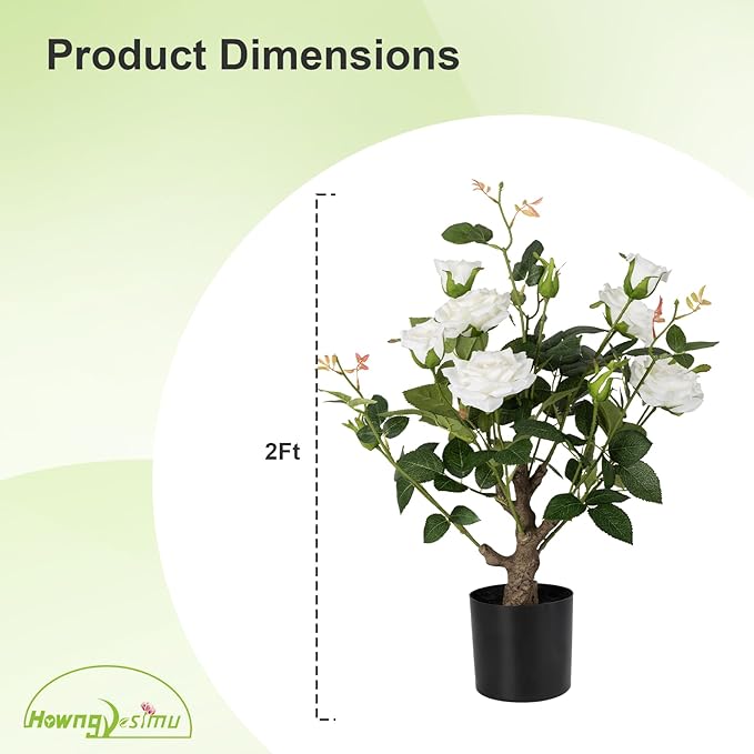 Artificial Rose Flower Trees 2 Pack- 24’’ Lifelike Plant in Pot with White Flowers Decorative Rose Trees for Home, Office, Wedding, and Event Decor, White