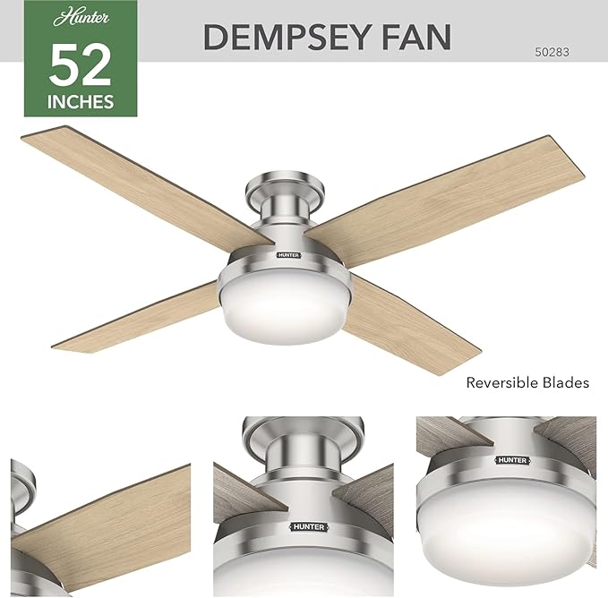 Hunter 52 inch Indoor Ceiling Fan with LED Light and Remote Control- Modern Ceiling Fan, Low Profile Mount, 4 Light Gray Oak Blades, For Bedroom, Living Room, or Kitchen- Dempsey 50283, Brushed Nickel