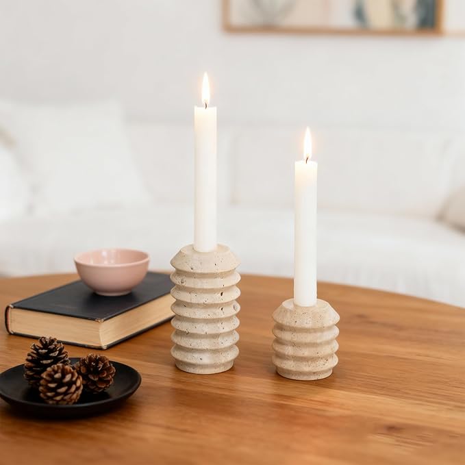 WORHE Candle Holders True Natural Travertine Stone 0.4" Thick, Set of 2 Premium Marble Candlestick Holder for Wedding Dinning Party, Candle Stand for 3/4 inch Thick Candles Color White (ZT002)