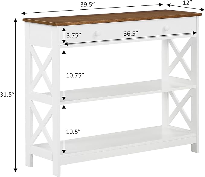 Convenience Concepts Oxford 1-Drawer Console Table 39.5" - Farmhouse Sofa Display with Storage Shelf For Living, Family, & Dining Room, Modern Entryway Hall Table for Kitchen, Bedroom, Driftwood/White