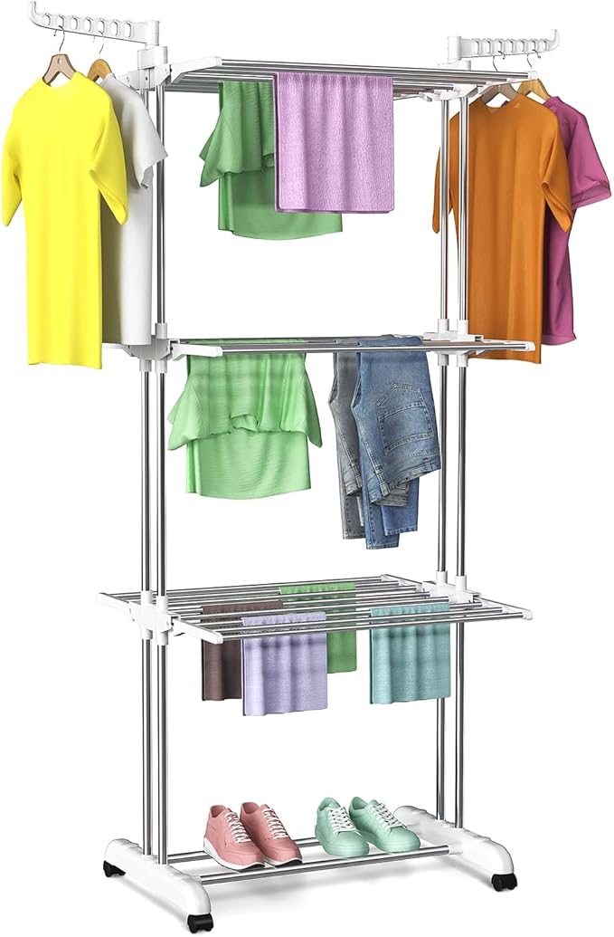 Bigzzia Clothes Drying Rack, Folding Stainless Steel Drying Rack Clothing Indoor Outdoor, Space-Saving, 4 Tier Laundry Drying Rack with Two Side Wings -Grey White