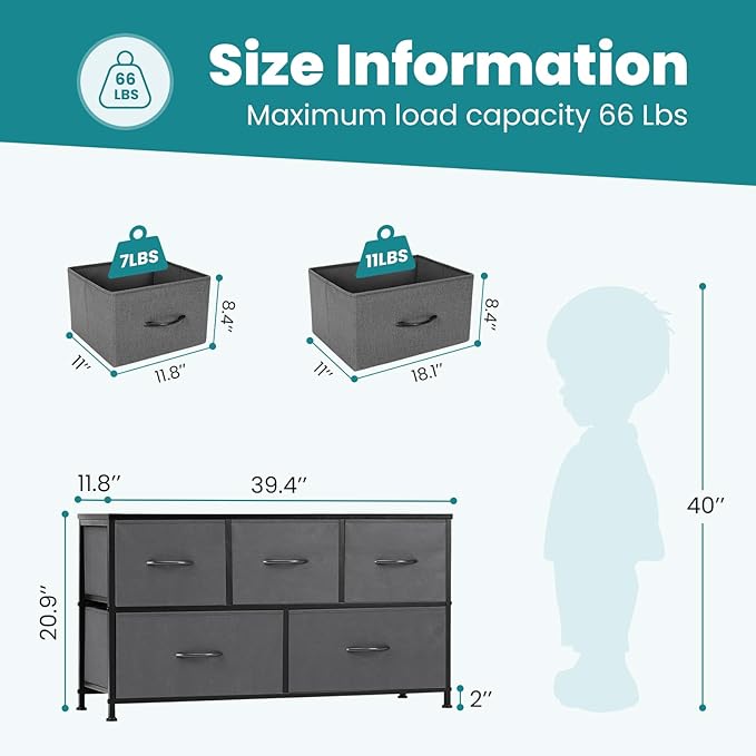 OLIXIS Dresser for Bedroom with 5 Drawers, Wide Chest of Drawers, Fabric Bedroom Dresser with Drawer Organizers, Storage Organizer Unit with Fabric Bins for Closet, Living Room, Hallway, Grey