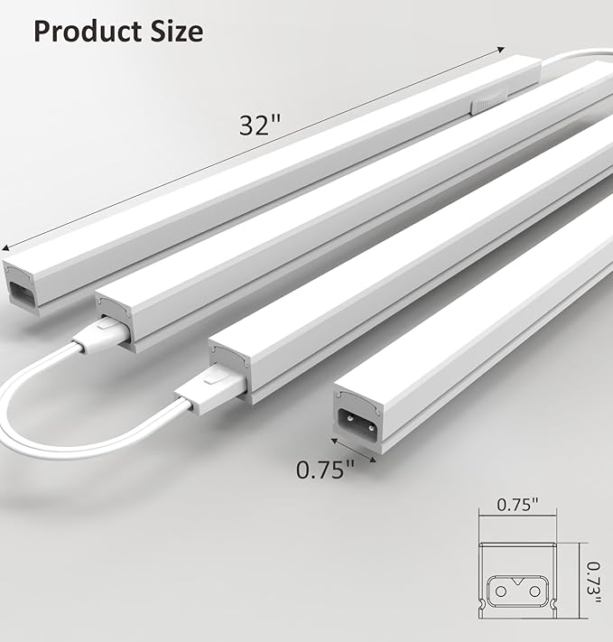 Under Cabinet Lighting Plug in, 32 Inch 4 Pcs, Linkable AC120V 3CCT 3000K/4000K/5000K Ultra Slim, LED Under Cabinet Lights for Counter Light, Kitchen, Shelf, Sink, Workshop, Desk, White