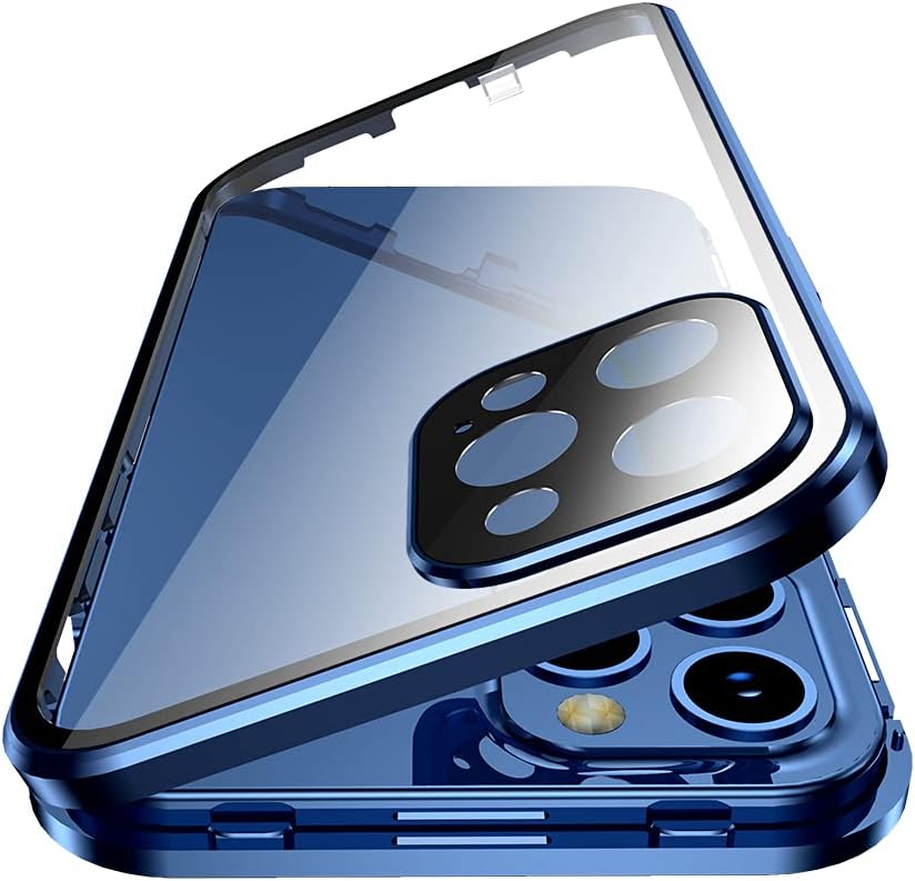 HENGHUI Blue Lockable iPhone 15 Pro Max Magnetic Case, Glass Case with Camera Lens Protector and Safety Lock