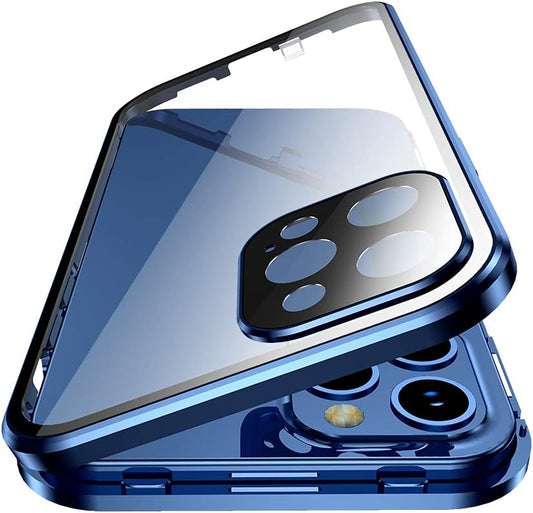 HENGHUI Blue Lockable iPhone 15 Pro Max Magnetic Case, Glass Case with Camera Lens Protector and Safety Lock