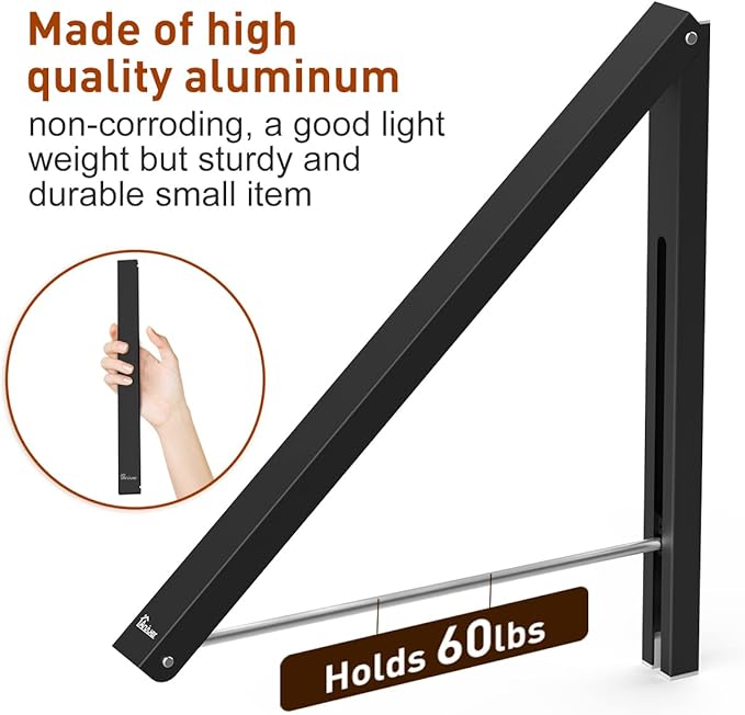 Laundry Room Clothes Rack - Wall Mounted Retractable Folding Clothes Hanger Drying Rack for Laundry Room Closet Storage Organization, Aluminum, Easy Installation (Black)