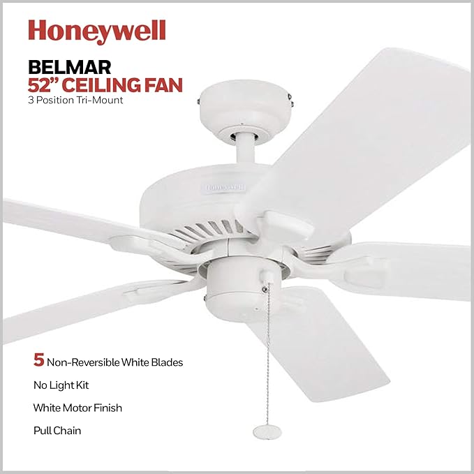 Honeywell Ceiling Fans Belmar 52 Inch Ceiling Fan Without Light, Outdoor Ceiling Fan with Pull Chain, Tri-Mount Traditional 5 Blade Design, ETL Wet Rated, White (50198-01)