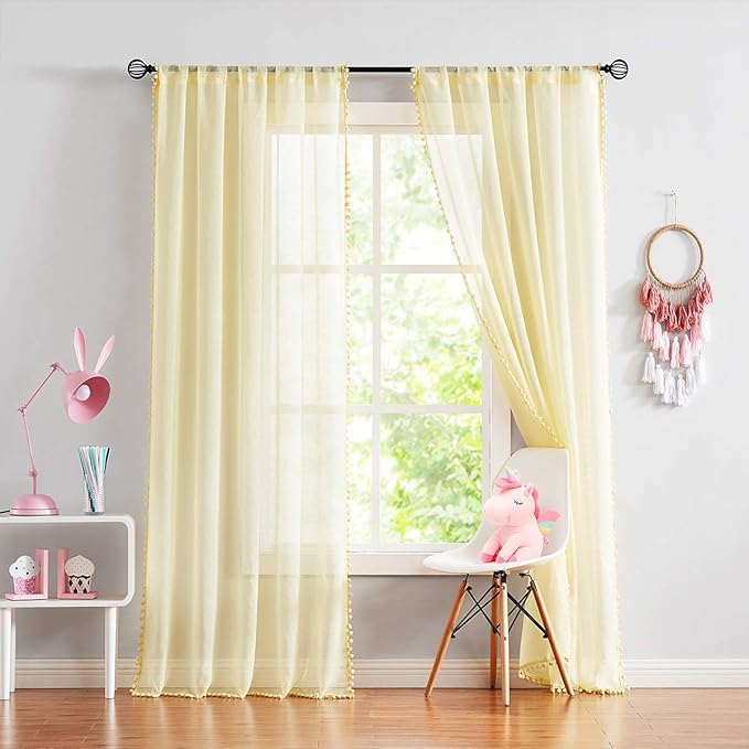 Treatmentex Pom-pom Sheer Curtains for Living Room, 84 inch Long Yellow Curtain Drapes for Kids Room 2 Panels Rod Pocket