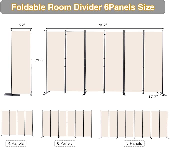 Room Divider, 6 Panel Folding Privacy Screens with Wider Support Feet, 6 Ft Portable Room Partition for Room Separator, 132" W X 71" H, Beige