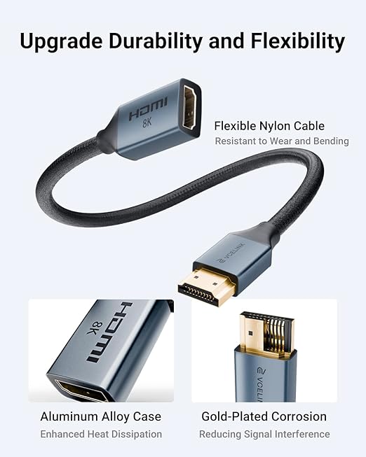 VCELINK 8K Short HDMI Extender Cable 1 FT Ideal for Tight Spaces, HDMI Extension Cable Support 8K@60Hz, 4K@120Hz/144Hz, HDCP 2.2/2.3, Compatible with Roku TV Stick, HDTV, Game Console, Laptop, 1 Pack