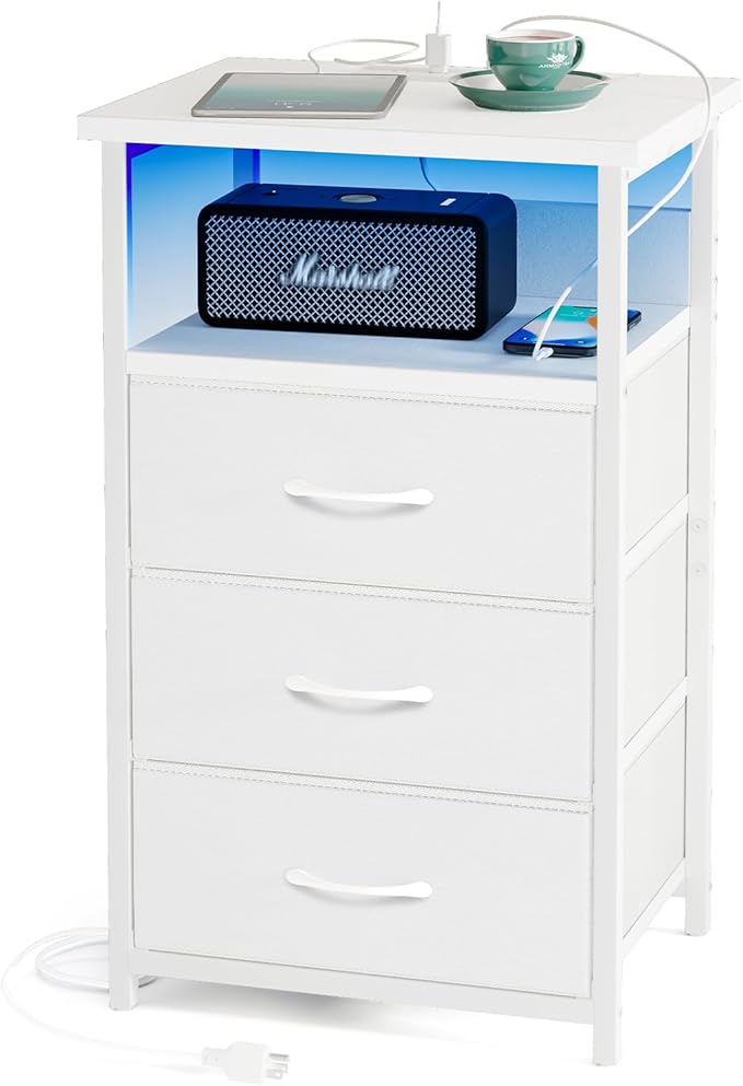 Fixwal White Nightstand with Charging Station, LED Night Stand with 3 Fabric Drawers and Open Shelf, Bedside End Table in Living Room