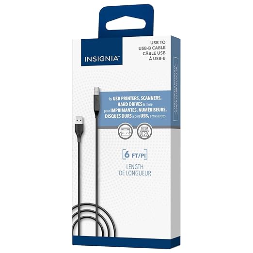 INSIGNIA USB Cables, 20Gbps High-Speed Charging & Data Sync, Braided Nylon, Compatible with MacBook, Laptop, iPhone, iPad, Android (6 ft (Black), USB to USB-B Printer Cable)