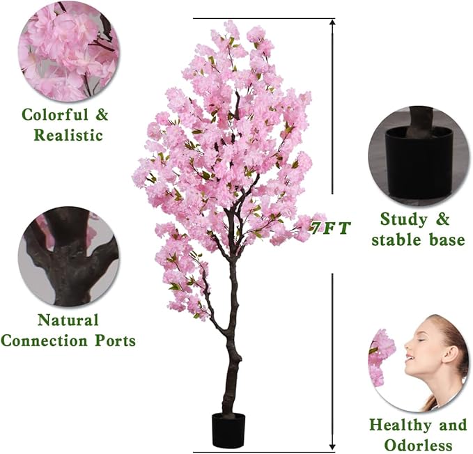 Artificial Pink Cherry Blossom Tree 7 FT Faux Flowering Trees Fake Cherry Blossom Decorative Tree Indoor for Home Decor