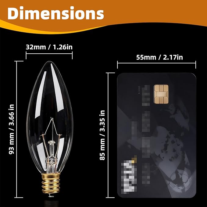 12-Pack E12 Candelabra Light Bulbs 40W, Dimmable Warm White 2500K Chandelier Light Bulbs for Ceiling Fan or Pendants, B10 Clear Candle Bulbs (Gold Base)