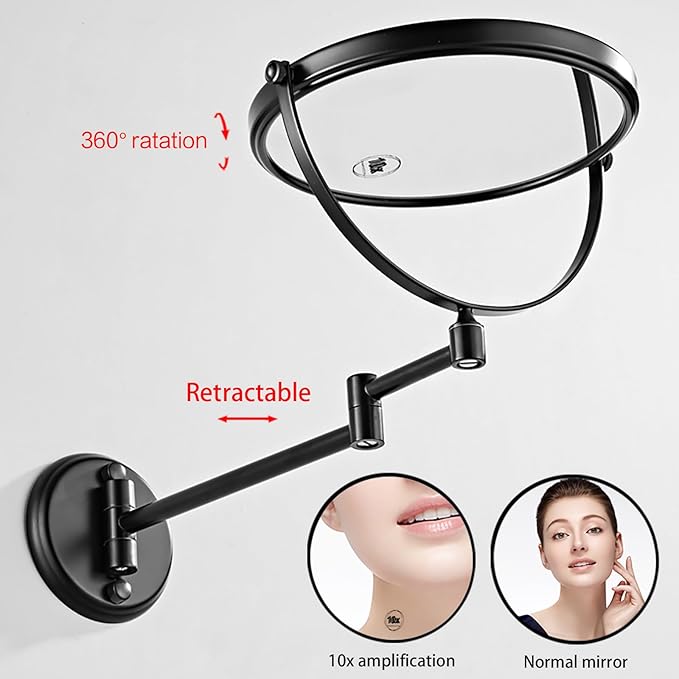 1x10x Magnifying Double Sided Bathroom Mirror 360 Degree Swivel Makeup Mirror Black Adjustable Extension Arm Wall Mount 8 Inch Non-Illuminated Beauty Mirror Shaving Mirror (Round Base)