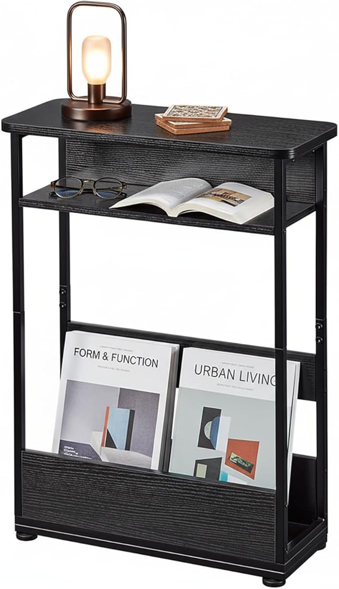 Narrow Side Table,3-Tier Slim End Table with Storage Shelf,Modern Sofa Table Thin Side Table for Narrow and Small Spaces, Skinny Bedside Table Small Nightstand with Magazine Rack Space Saving/Black