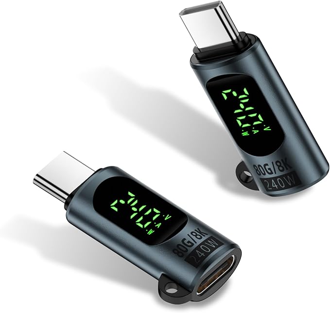Duttek 80Gbps USB C Extender Adapter with Power Meter Tester, 240W PD, 8K@60Hz Wattage, Voltage, Amperage LED Digital Display, USB C Male to Female Adapter for iPhone 15/16 (Grey-2 Pack)
