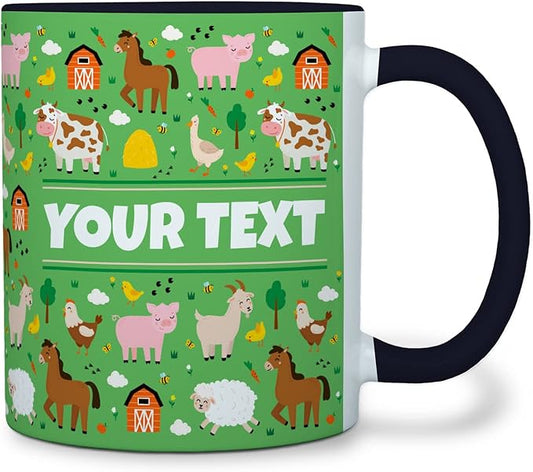 Personalized Mug for Kids - Farm Animals - Custom Name/Text, Ceramic Hot Chocolate/Cocoa/Coffee Cup for Boys/Girls, Birthday/Christmas/Holiday Gift - 11 oz, Black Handle