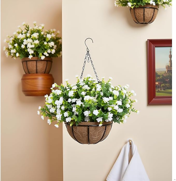 Artificial Hanging Flowers Basket, 12 UV-Resistant Bundles of Realistic Fake Flowers, Faux Plants for Outdoor Decor, Home, Garden, Porch, Patio, Spring & Summer Decorations, White
