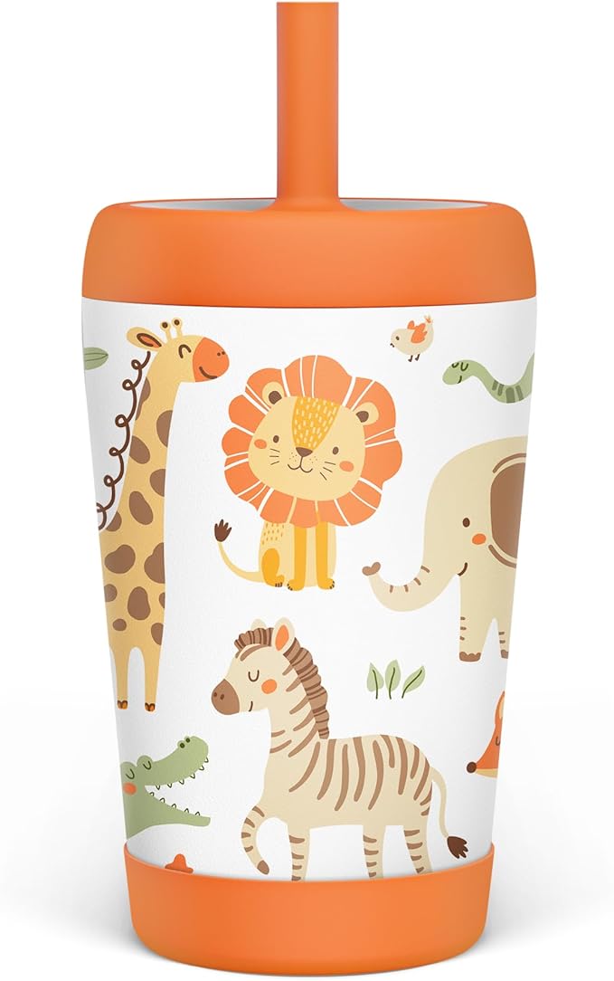 Kid Insulated Stainless Steel Tumbler with Silicone Straw, 12oz Sippy Cup for Kids (Jungle Animals)