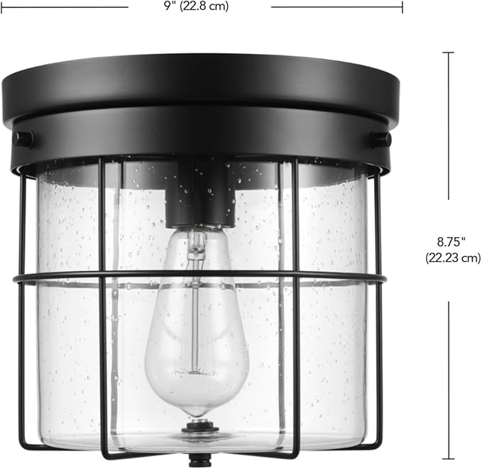 GLOBE Electric 60000162 1-Light Outdoor Flush Mount, Matte Black, Seeded Glass Shade, Thin Frame