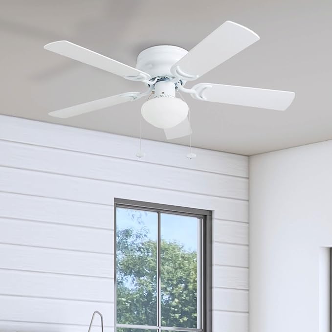 Prominence Home Alvina Traditional 42 Inch Ceiling Fan with Light, LED Flush Mount Ceiling Fan, Indoor Fan with 5 Blades, White and Gray Oak Blade Finish Options, White (80092-01)