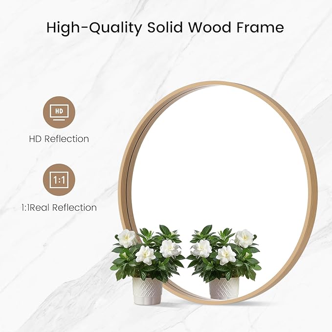 WallBeyond Round Wood Mirror 24 inch Circle Wall Mirror for Bathroom Round Wall Mirror for Wall Decor, Vanity, Entryway Living Room (Natural)