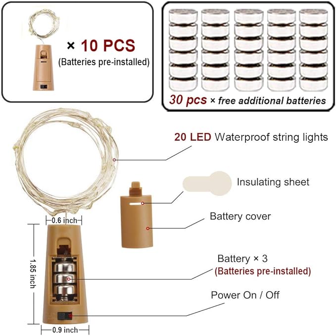 MUMUXI Wine Bottle Lights with Cork Switch [10 Pack] | Easy-to-Use 3.3ft 20 LED Bottle Lights | Universal Size Cork Lights for Wine Bottles Liquor Bottles Christmas Lights Indoor Outdoor, Cool White