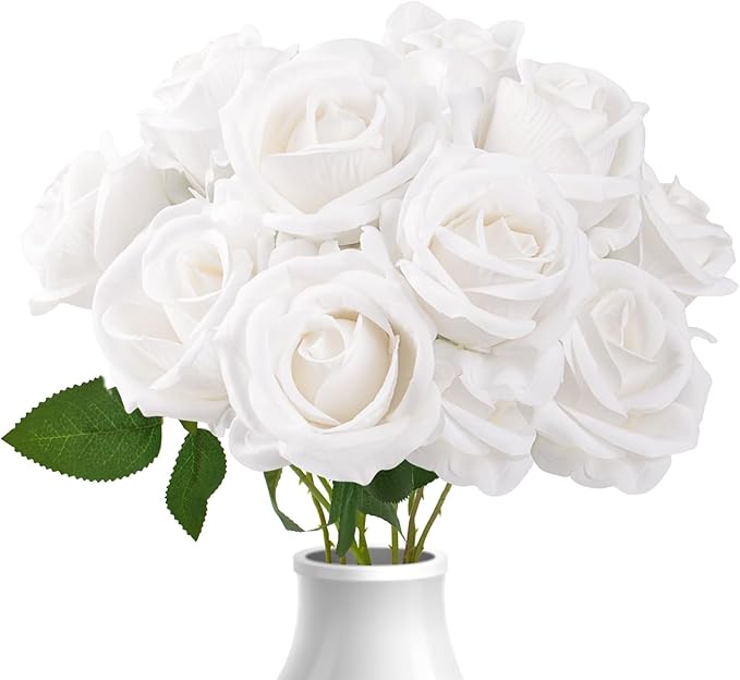 Roses Artificial Flowers 10 Pack in Bulk, White Fake Roses Flowers Realistic Roses for Wedding Home Party Decoration Event Gift