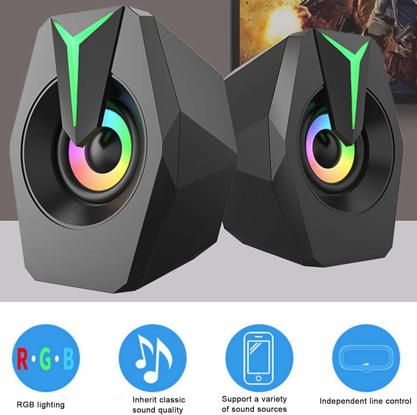 Yunseity USB Powered Speaker, HiFi Stereo Sound, Wired USB Desktop Speaker with RGB Lights (Black)