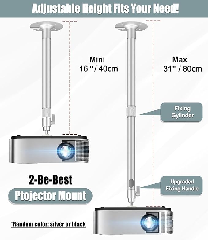 2-Be-Best Projector Mount Longer Length 15-31in / 40-80cm Projector Ceiling Mount 360° Rotatable Drop Ceiling Projectors Mounts Adjustable High Profile Projectors Bracket