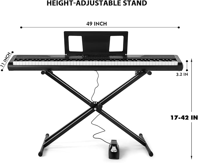 MUSTAR Digital Piano 88 Key Weighted with Stand, 88 Key Semi Weighted Keyboard Piano MEP-1100, Electric Piano Keyboard 88 Keys for Beginners, 2x25W Stereo Speakers, Case, Sustain Pedal, ABS, Black