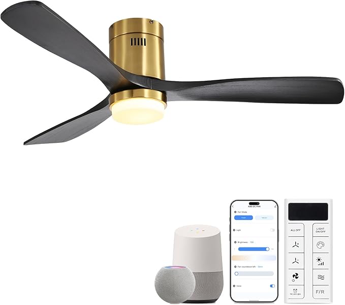 Sofucor 52 Inch Smart Ceiling Fans with Lights-Flush Mount Low Profile Modern Outdoor Solid Wood Ceiling Fans with Alexa/Google Assistant/APP/Remote Control for Bedroom/Farmhouse/Patio, Black Gold