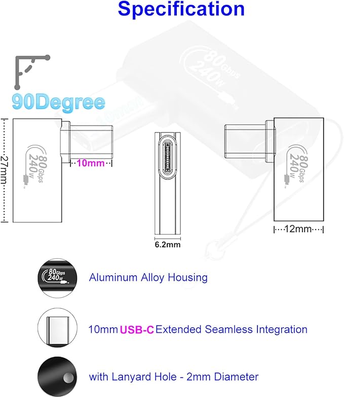 Flat Right Angle 90 Degree USB-C Male 10mm Tip to USB-C Female Adapter, Support 240W PD & 80Gbps Sync & 8K Video for iPhone 17 16 15 Series, Laptops Rugged Phones, Device with Deep Recessed Port