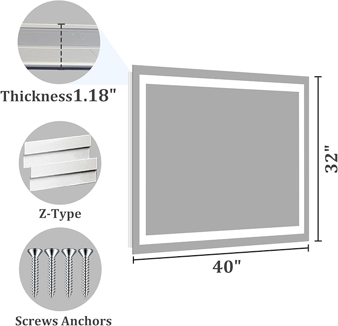 Koonmi 32x40 LED Bathroom Mirror, Backlit + Front Lit, LED Bathroom Mirror with Lights for Wall, 3 Colors, Anti-Fog, Dimmable Brightness, Memory Function, Tempered Glass