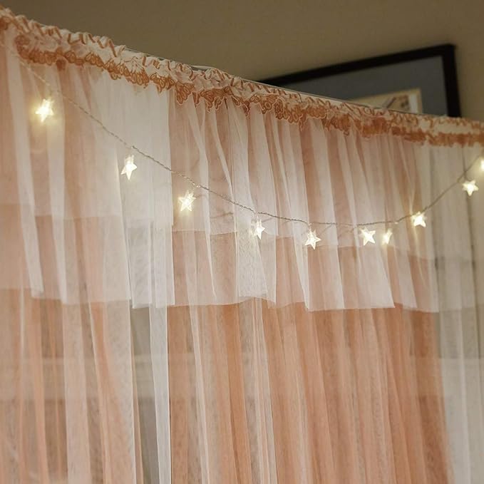 Joyreap Luxury 4 Corners Post Canopy Bed Curtains - Coral & White Cozy Drape Netting - Cute Princess Style Decoration Accessories(Reddish Brown, 59" W x 78" L, Full/Queen)