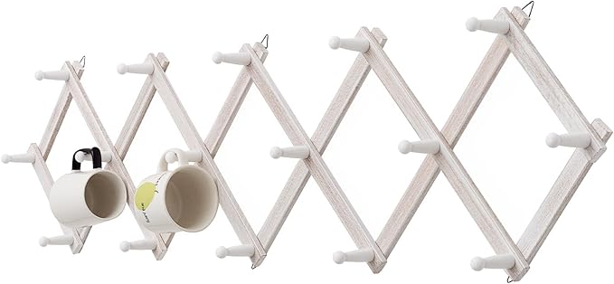 Rustic Wall Mounted Coat Rack with Space Saving Accordion Design, Expandable Wall Mount Coat Rack with 16 Wood Hooks, Modern Farmhouse Wall Décor for Living Room, Entryway(Shabby White)