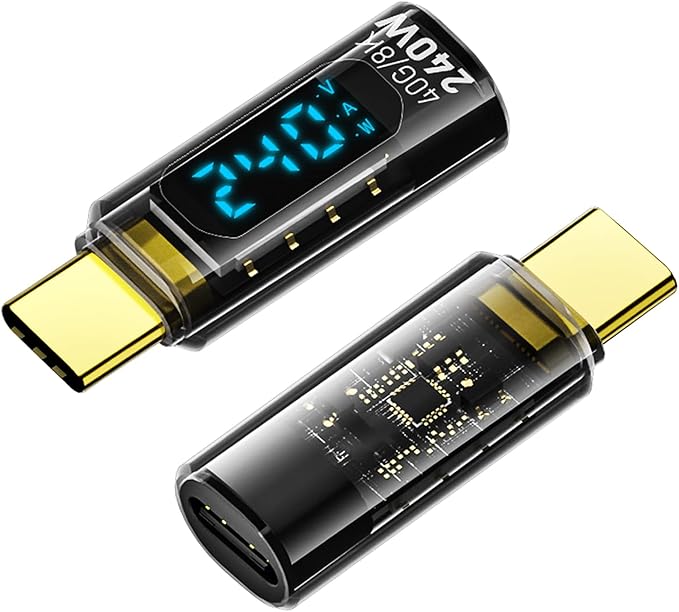 2 Pack USB C Adapter with Digital Display, PD 240W USB-C Male to Female Connector for iPhone 15 Series, iPad, MacBook, Support Voltage, Current and Power Smart LED Display (Transparent)