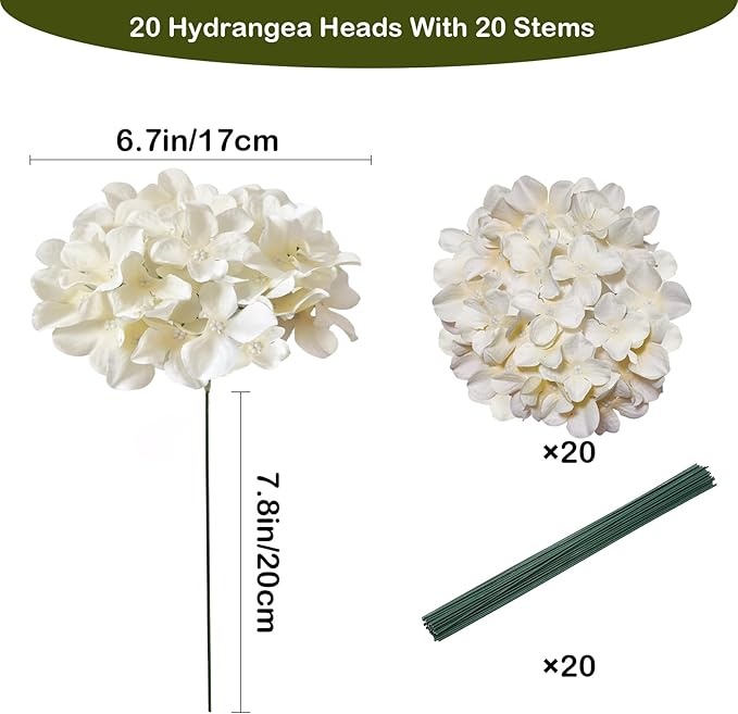 Hydrangea Artificial Flowers, 20 Pcs Champagne Hydrangea Artificial Flowers Bulk, Faux Hydrangea Flowers for Outdoor, Fake Silk Ivory Hydrangea Flowers with Stems for Wedding Decoration Decor